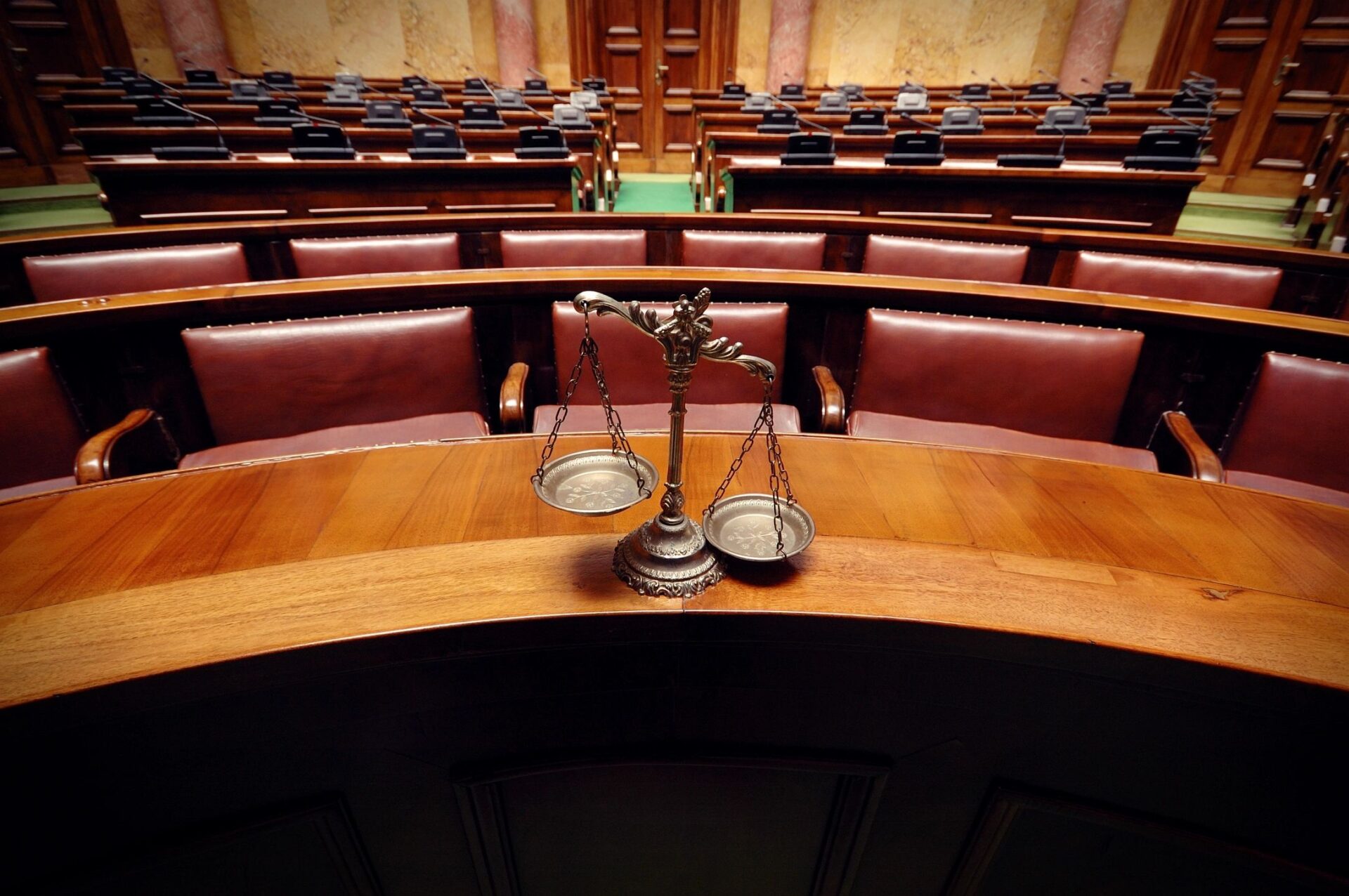 Symbol of Law and Justice in the Empty Courtroom, Law and Justice Concept.